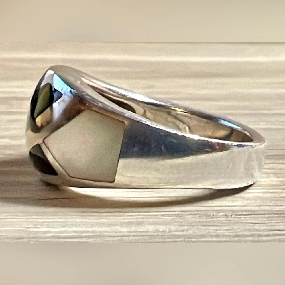 Eric Grossbardt Sterling Silver & 18K Gold MOP & Onyx Inlay Band Ring, Size 8.5